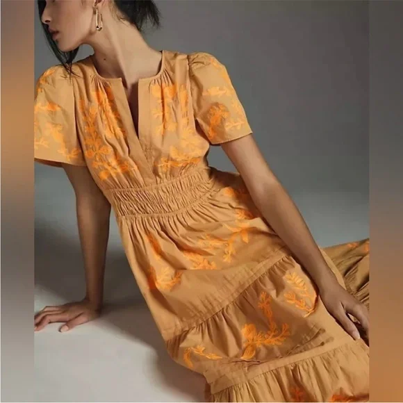 Anthropologie Somerset Orange Floral Embroidered Dress - Picture 4 of 5